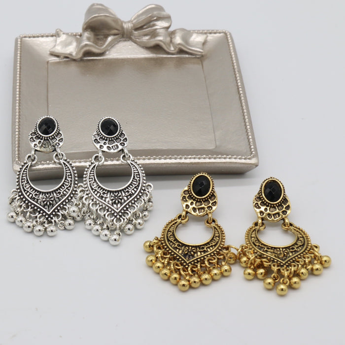 Wholesale Earrings with retro carved black gemstone tassel earrings