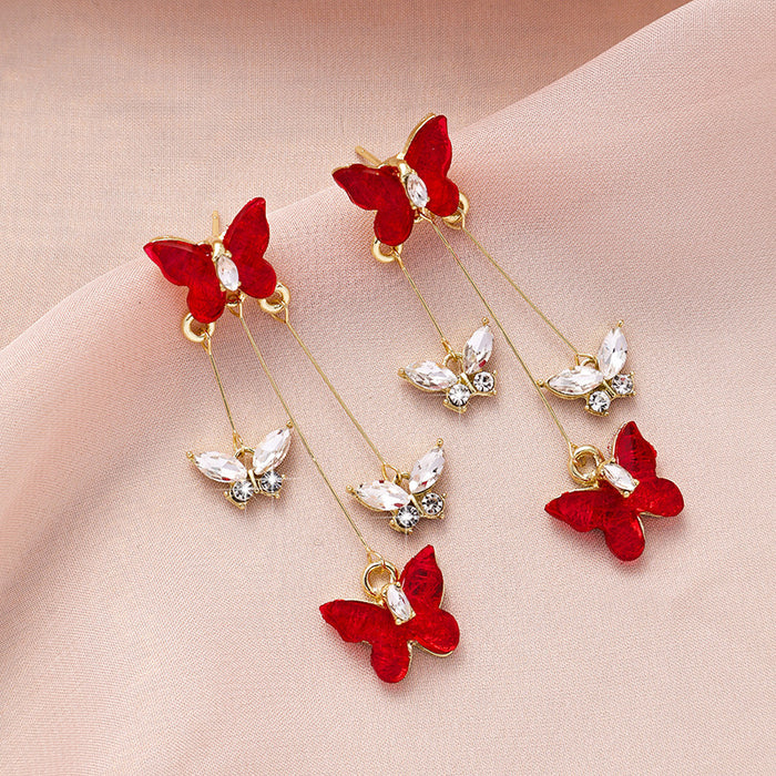 Wholesale Silver needle purple butterfly tassel earrings with a light luxury and high-end feel, sparkling diamond long earrings, retro temperament earrings