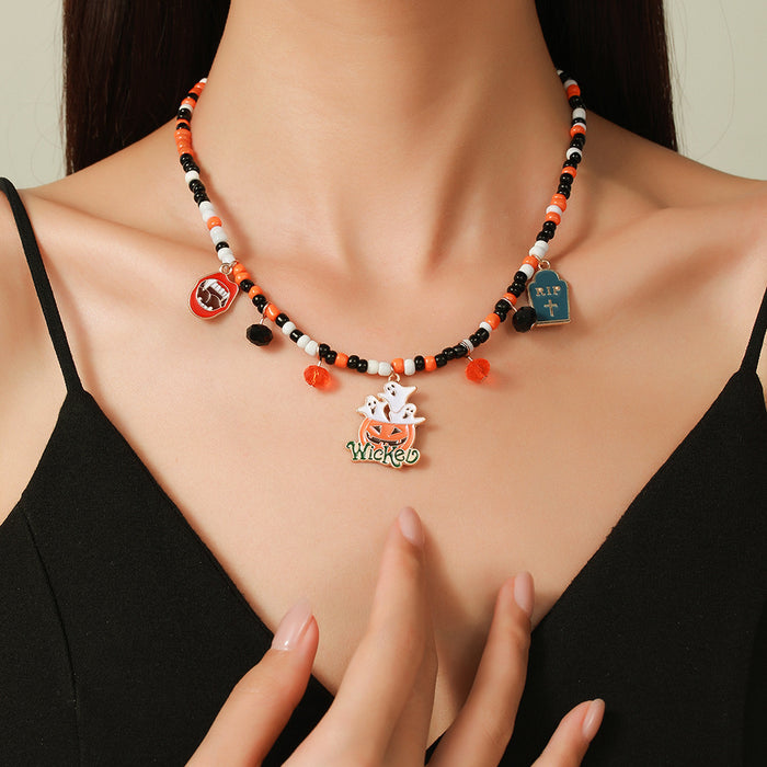 Wholesale Halloween Bead Necklace Fashion Versatile Ghost Pumpkin Bead Necklace