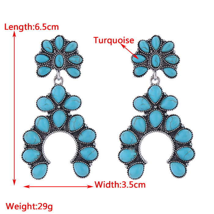 Wholesale Retro fan-shaped turquoise openwork statement earrings