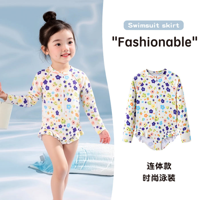 Wholesale New children's swimsuit with female fungus lace floral long sleeves to cover the belly, conservative one-piece swimsuit for girls and babies