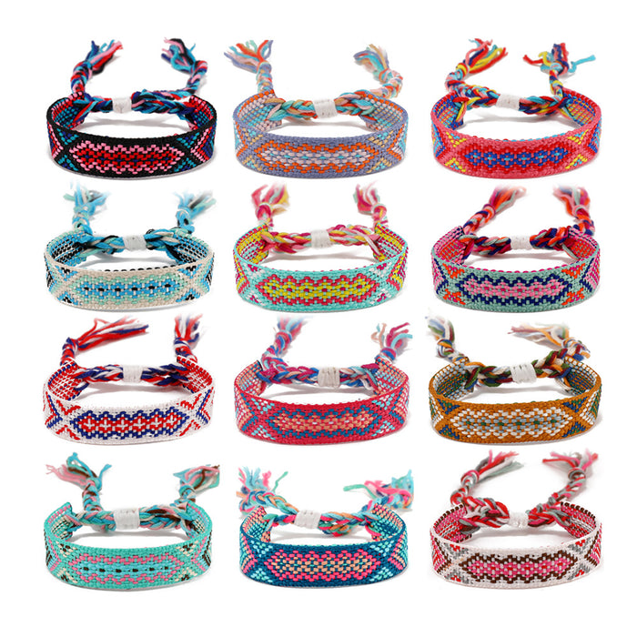 Wholesale A set of 12 ethnic-style colorful tassel and plaid handmade woven lucky bracelets