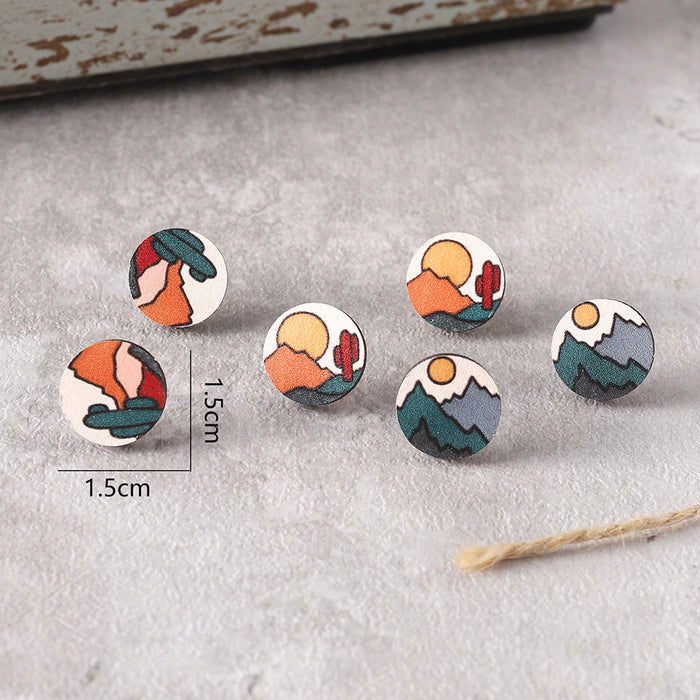 Wholesale Bohemian Abstract Sun Mountains Rivers Simple Scenery Earrings Set Wooden Earrings Gift