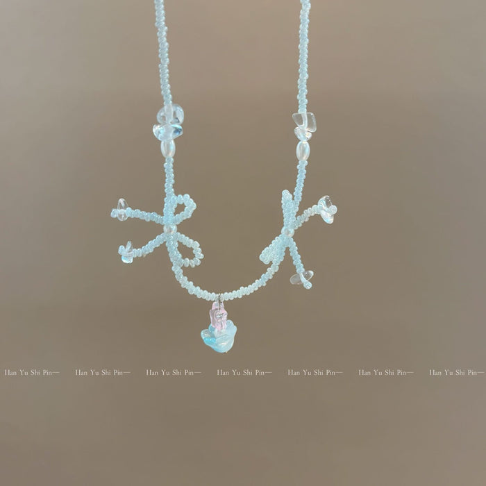 Wholesale Blue Beads Beaded Bow Necklace Fashionable Sweet Clavicle Chain