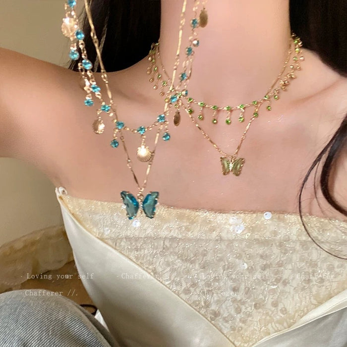 Wholesale Butterfly Double Layer Tassel Choker Necklace Metal Crystal Summer Chic Jewelry MOQ≥2