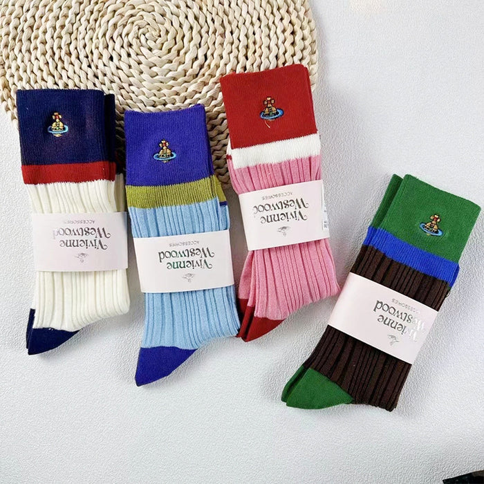 Wholesale Embroidered women's socks solid color double needle tube versatile stacking socks