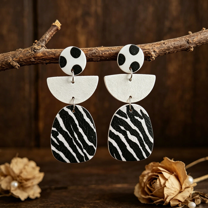 Wholesale Geometric Zebra Print Leather Long Earrings Black White Fashion Jewelry Accessory