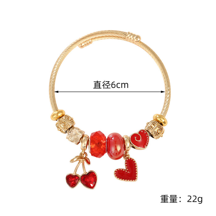 Wholesale Sweet Cherry Heart Bead Bracelet Women' s Stainless Steel Adjustable MOQ≥2