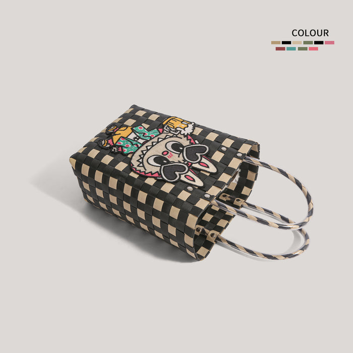 Wholesale  Plastic Woven Handbag Black Leather  Woven Vegetable Basket Handbag Handmade Bag