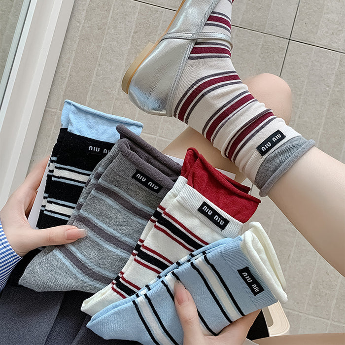 Wholesale Striped socks, mid tube, double ribbed, color blocked fabric, label pile socks, versatile long tube cotton socks