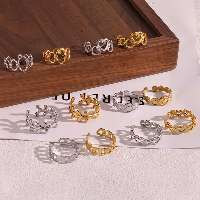 Wholesale Hollow Geometric Stainless Steel Adjustable Open Ring Gold Plated Jewelry