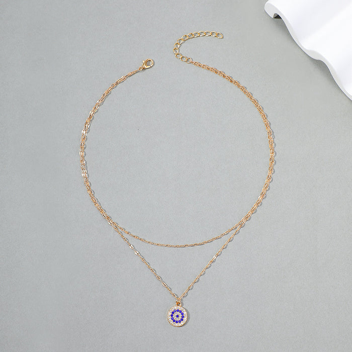 Wholesale Crystal new gold-plated Devil's Eye double-layer necklace, fashionable and personalized alloy pendant, sweater chain
