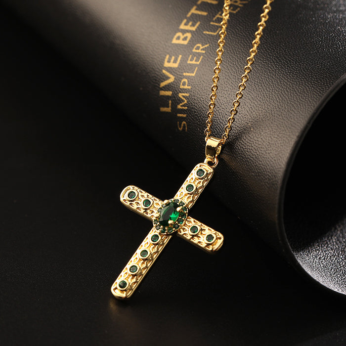 Wholesale Copper Inlaid Zircon Cross Pendant Necklace JDC-NE-ShangY035