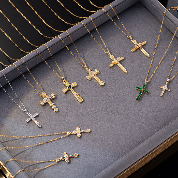 Wholesale Fashion colored zircon cross necklace, niche design accessory, collarbone chain