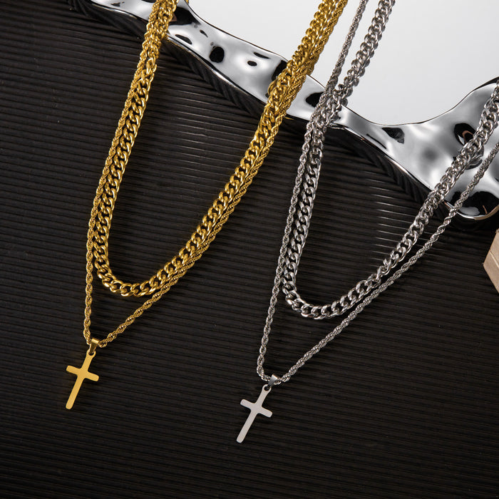 Wholesale Stainless steel double cross necklace men' s titanium steel Cuban chain necklace