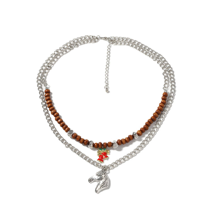 Wholesale Metal Chain Double-layer Stacked Horse Head Bell Pendant Women's Necklace
