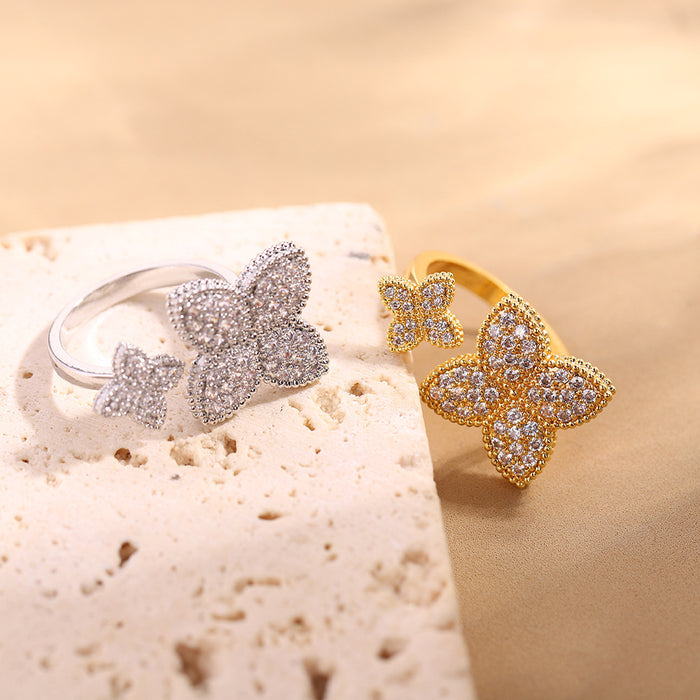 Wholesale Women's Simple Opening Finger Ring Ring Four Leaf Flower Versatile Light Luxury Ring