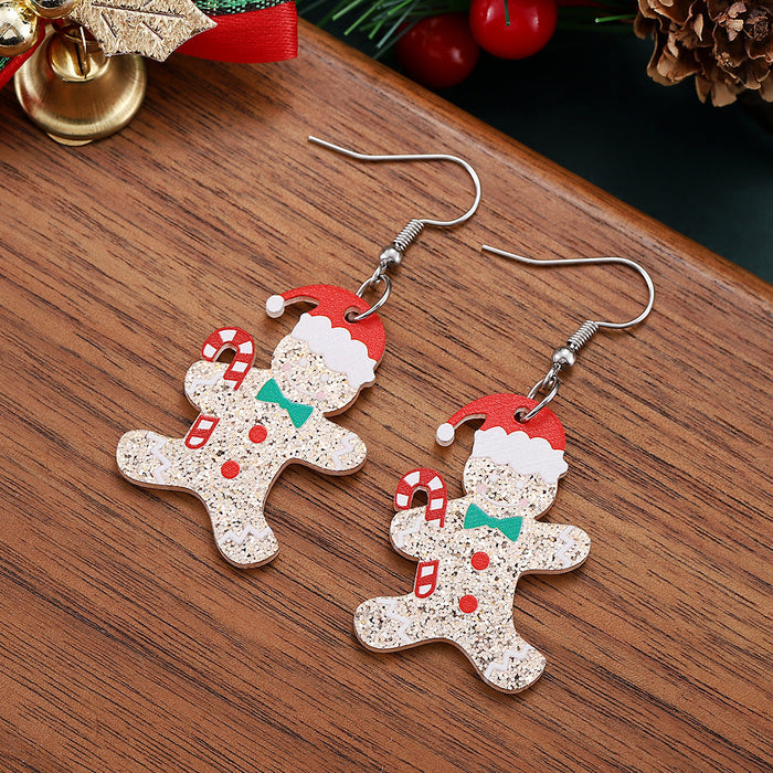 Wholesale Christmas Candy Cane Christmas Hat Gingerbread Man Sequin Pendant Earrings