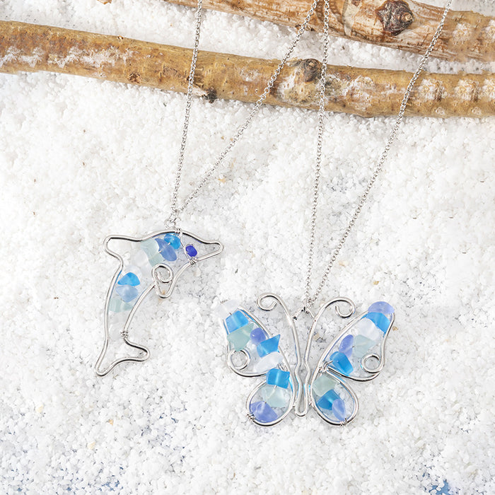 Wholesale Stylish colorful sea glass butterfly long butterfly necklace