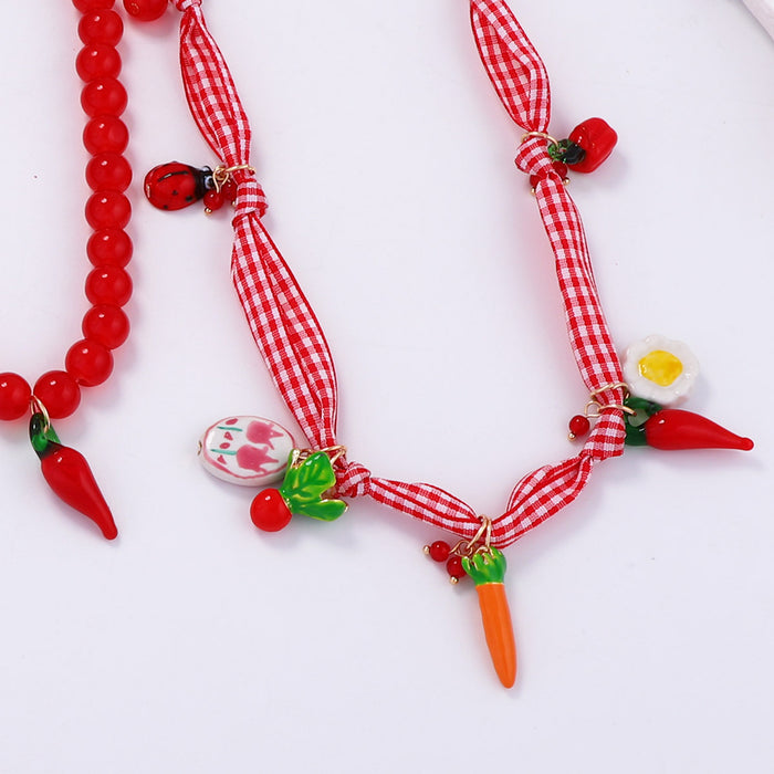 Wholesale beaded rope alloy glass three-dimensional fruit pendant necklace