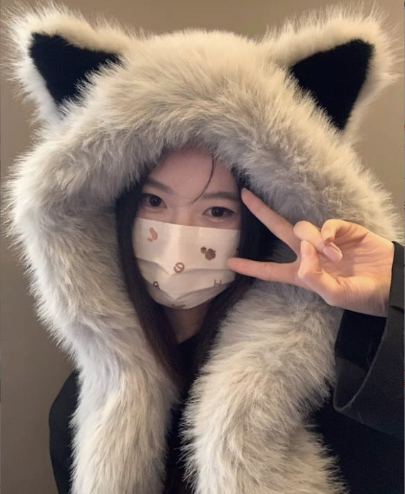 Wholesale Thickened anti cold plush fox ear hat, women's winter scarf in one new style for warmth