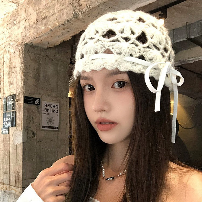 Wholesale Hollow bow knitted hat, thin, breathable, handmade crochet yarn hat