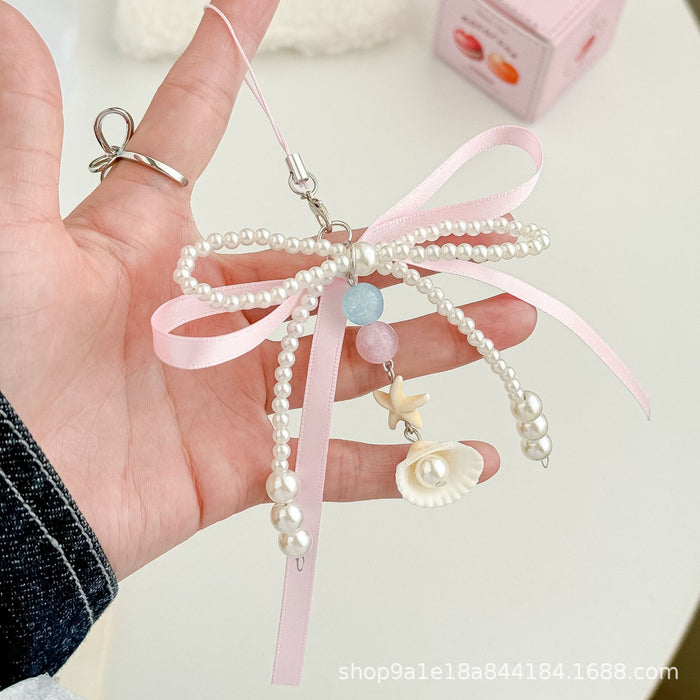 Wholesale Pink Ribbon Bow Bag Hanging Pearl Shell Keychain Pendant Exquisite Hanging