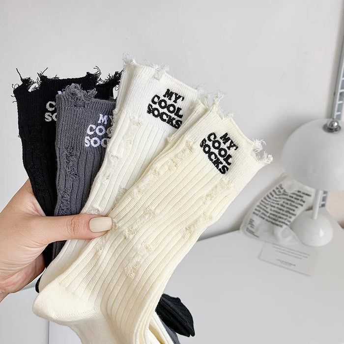 Wholesale Broken hole socks, thin, solid color, cotton, streetwear, long socks, pile socks