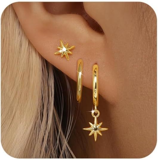 Wholesale New retro niche versatile octagonal star earrings copper plated with real gold temperament fashionable star earrings wholesale