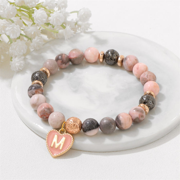 Wholesale 26 letter alphabet heart charm bracelet with 8mm stone beads  pink zebra jasper and volcanic rock beads