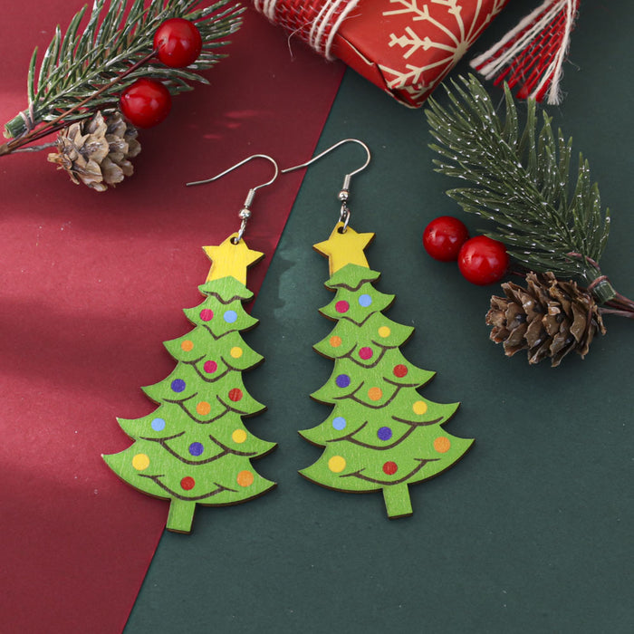 Wholesale Cartoon Christmas element printed wooden earrings for women Christmas tree earrings