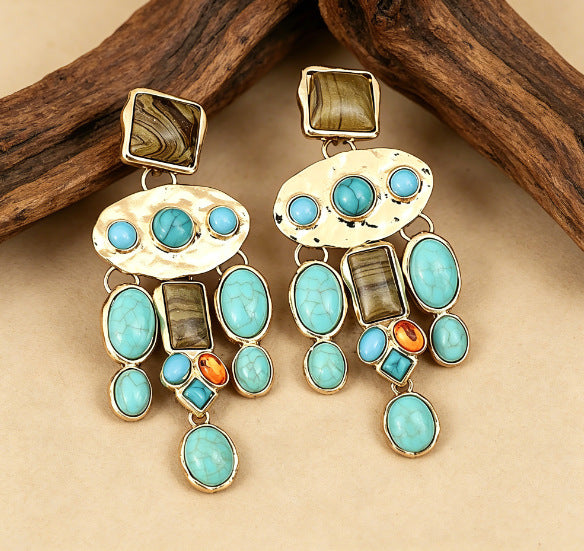 Wholesale Ethnic Style Turquoise Tassel Earrings Creative Vintage Earrings Long Style with Inlaid Turquoise