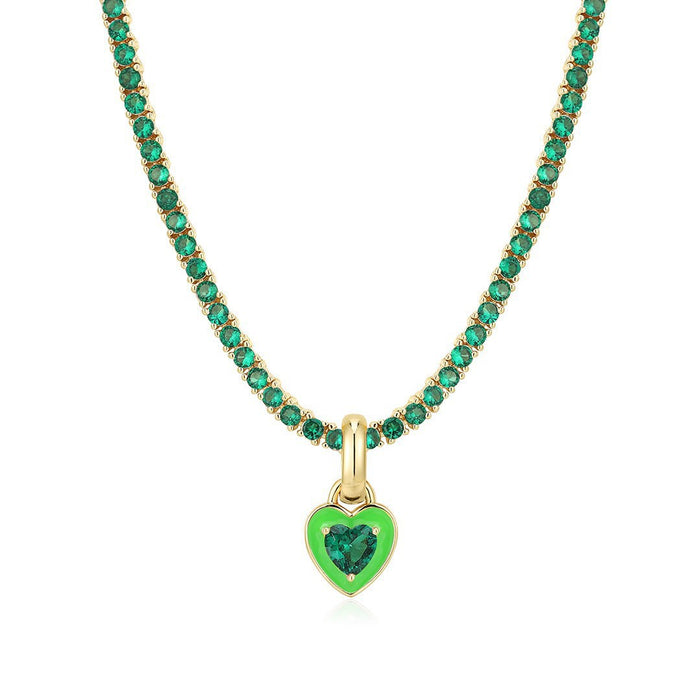 Wholesale Titanium steel tennis chain with colored zircon heart pendant necklace
