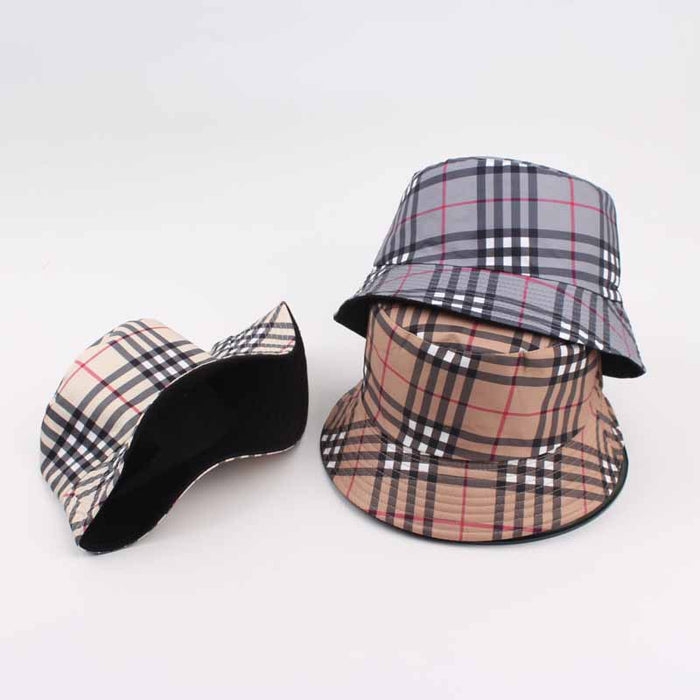 Wholesale Striped checkered basin hat for sun protection and travel, double-sided wearable