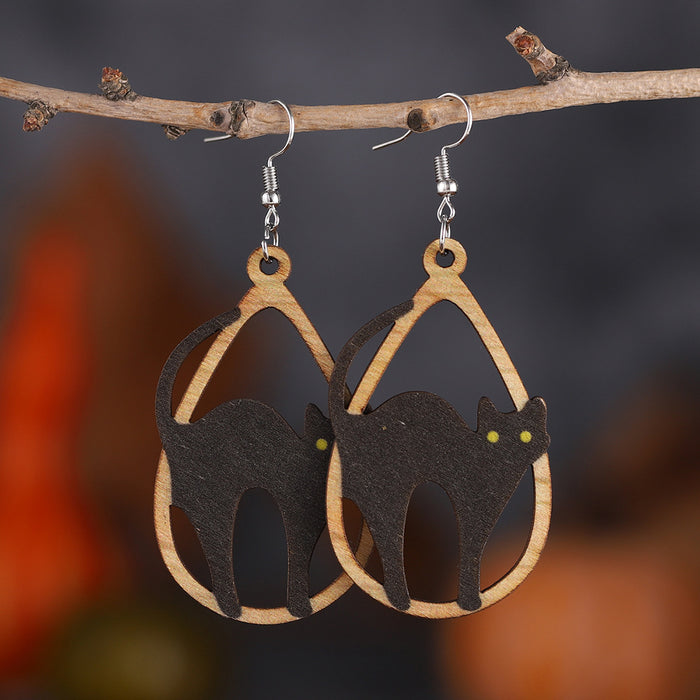 Wholesale  Black Cat Hollow Drop-Shaped Pendant Earrings Wooden Gothic Style Double-Sided Earrings Gift