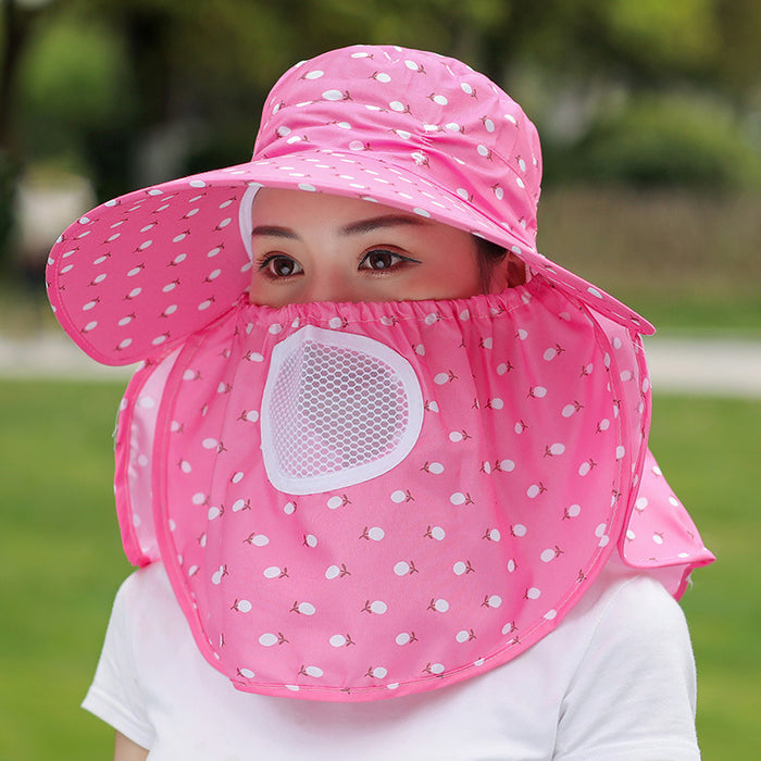 Wholesale Cherry print tea-picking hat, sun hat, sun protection face-covering summer hat