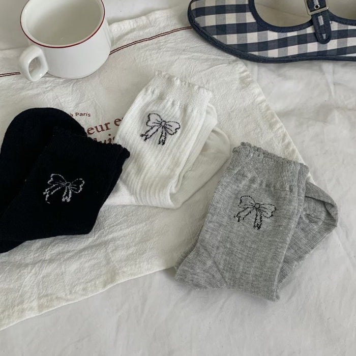 Wholesale Bow gray mid tube socks with mesh ultra-thin women's socks