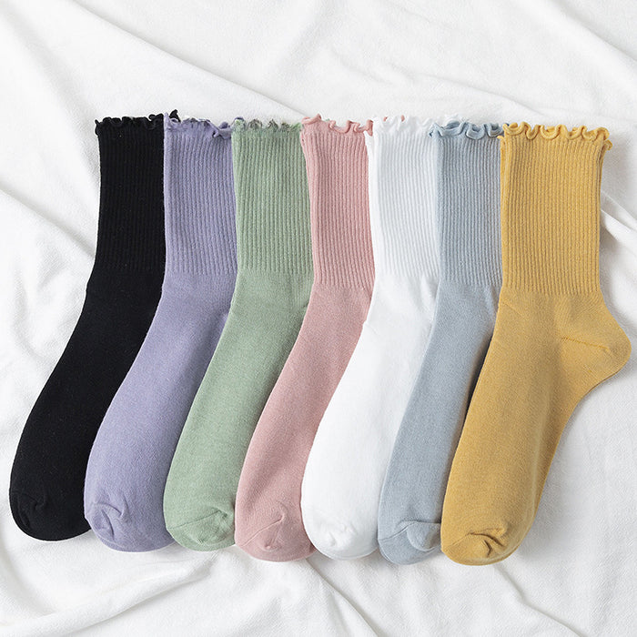 Wholesale Lace socks, mid tube socks, cotton, solid color long socks, stacked socks, long tube