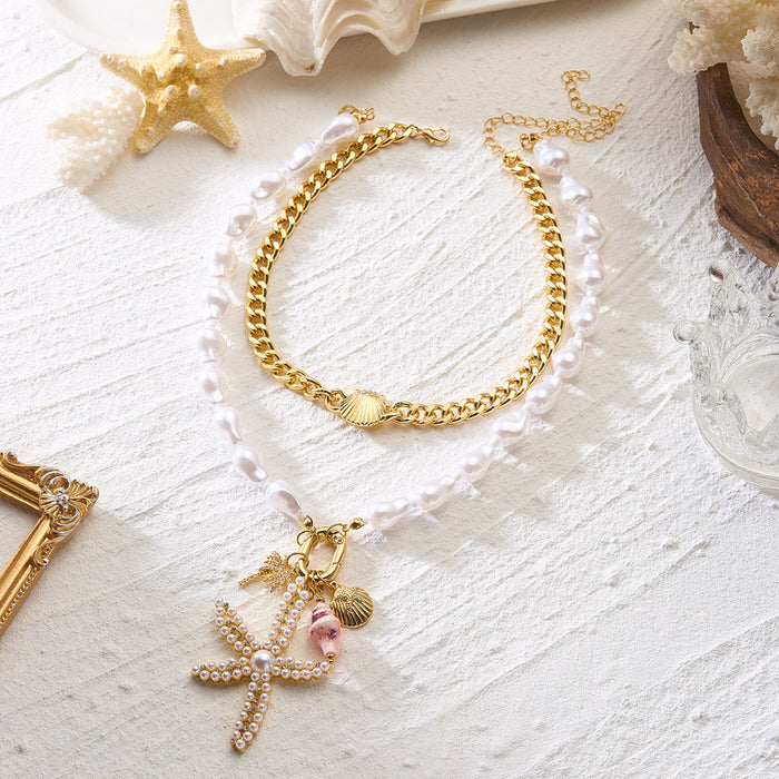 Wholesale Trendy Ocean- Layered Necklace Alloy Starfish and Shell Pendant Choker