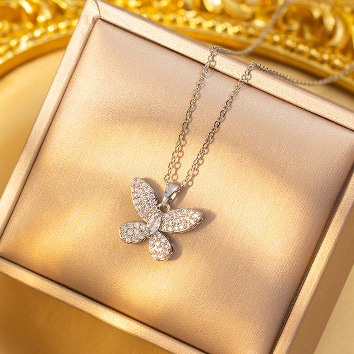 Wholesale Chic Butterfly Titanium Steel Copper Zircon Jewelry Set Necklace Earrings Bracelet MOQ≥2