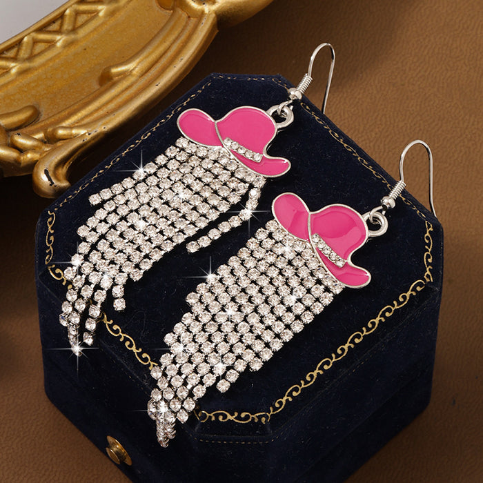 Wholesale Earrings, tassel denim hat, earrings, long earrings, full diamond, high-end, light luxury accessory