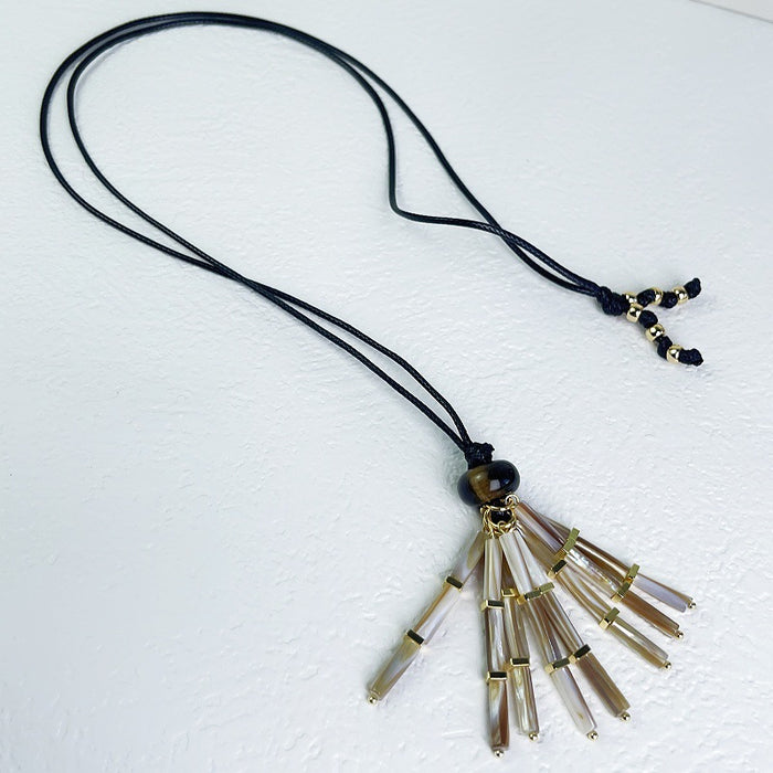 Wholesale Tassel Necklace with Tiger Eye Beads,  Long Waxed Rope Sweater Chain