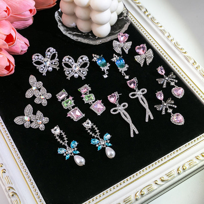 Wholesale Silver needle sweet pink heart earrings simple micro-inlaid zircon pearl earrings bow earrings