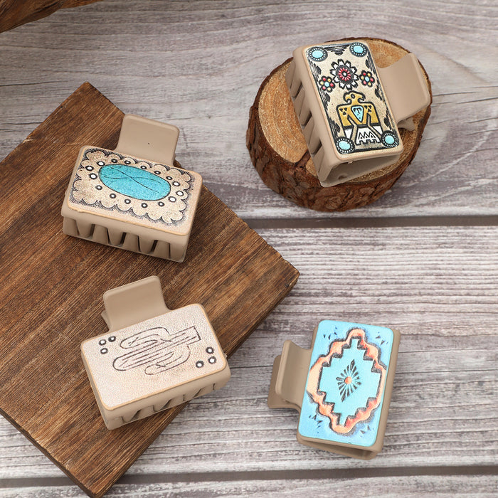 Wholesale Western Denim Cactus Leather Hairpin Mid-style Grab Clip Shark Clip Women