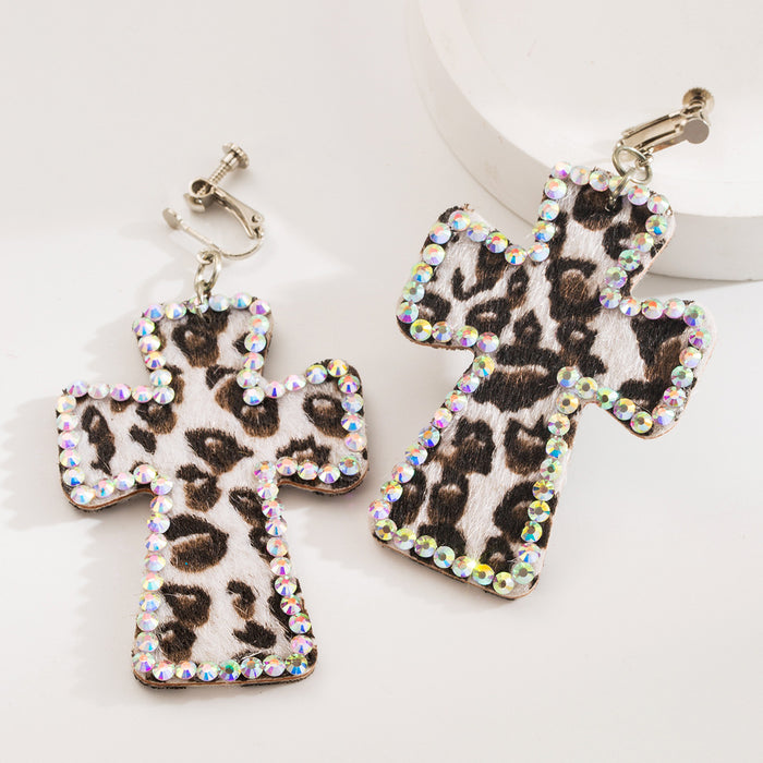 Wholesale Cross-print leather leopard print Statement Earrings
