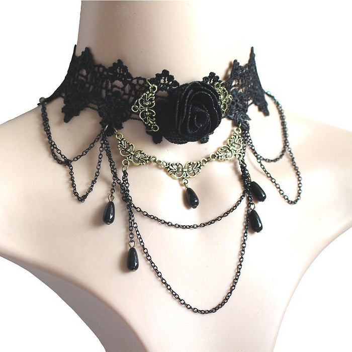 Wholesale Exaggerated Fashion Lace Necklace Black Rose Flower Neck Chain