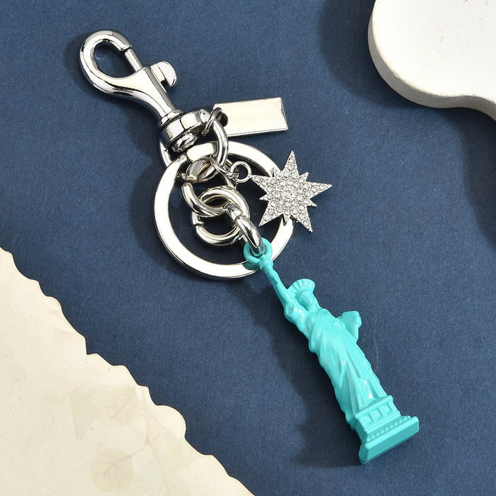 Wholesale Chic Statue Of Liberty Keychain Pendant Light Blue 3D Charm With Rhinestone Star Gold Tone Alloy Bag Accessory