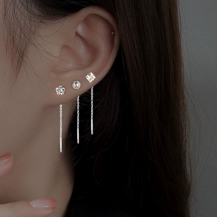 Wholesale Geometric square zircon tassel earrings with simple temperament, single diamond round star earrings, heart-shaped tassel earrings, and ear chains