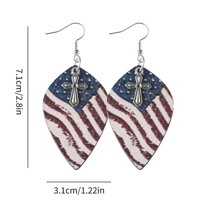 Wholesale Independence Day distressed red,  white and blue flag cross pendant earrings wooden double-sided earrings