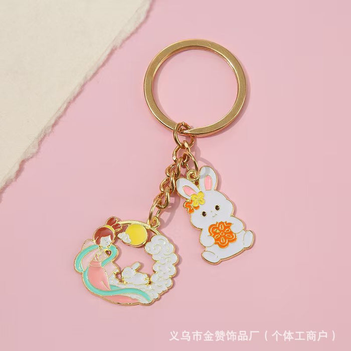 Wholesale Cartoon keychain pendant metal jade rabbit moon cake creative Mid-Autumn Festival souvenir pendant gift small gift